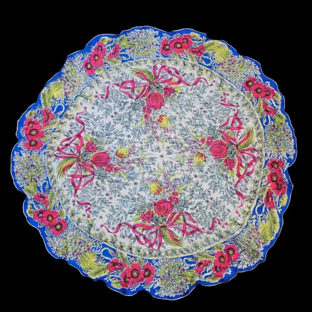 VTG Silk Round Floral Hankerchief Scalloped Edge Blue Pink Rare 40 In Rolled Hem
